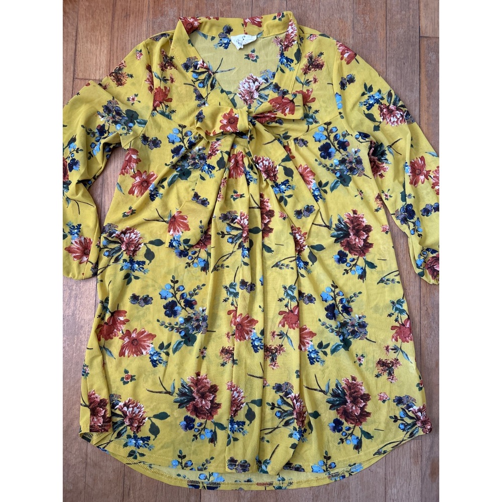 Ember Women Yellow Floral Tie Neck Tunic Top 3/4 Sleeve Boho Blouse ST5126 S